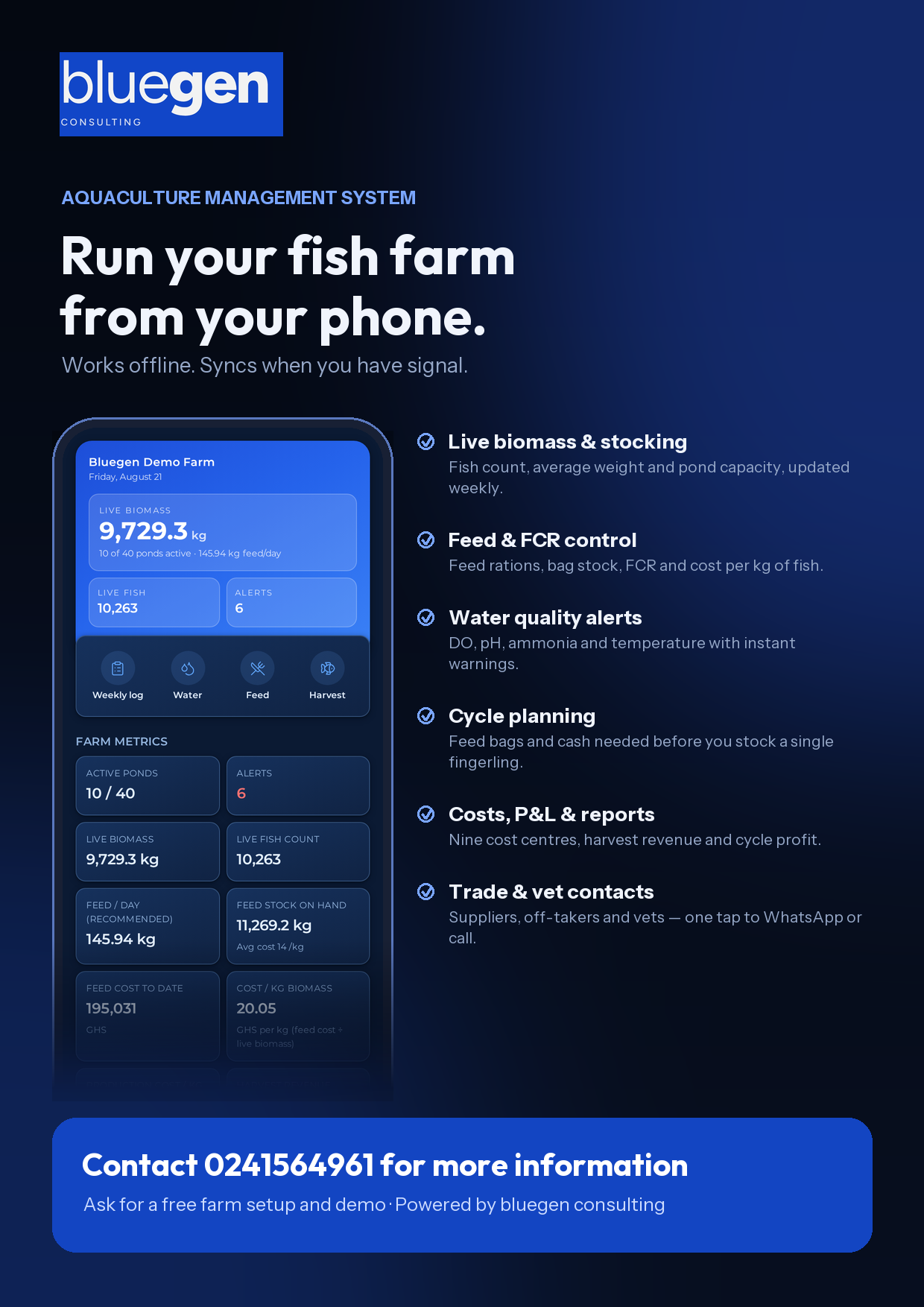 Bluegen Manager farm metrics screen with biomass, feed and cost KPIs